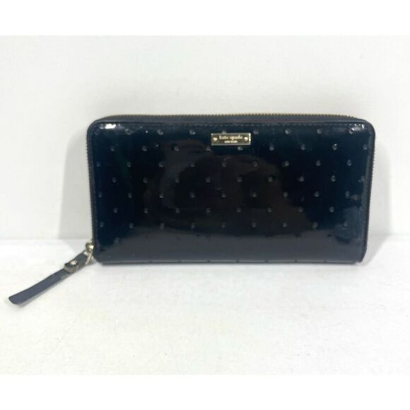 Kate Spade Patent Black Dotted Continental Wallet Zip Around Polka Dot Lining - Picture 1 of 7